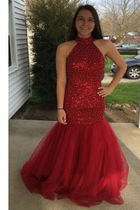 Mermaid Red Sleeveless Sequins Floor Length Prom Party Dress
