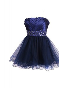 Chic Knee Length Navy Blue Dress Like A Star Satin and Tulle Sleeveless Beading and Sashes ribbons