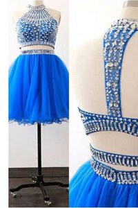 Trendy Royal Blue Tulle Zipper High-neck Sleeveless Mini Length Prom Dresses Sashes ribbons