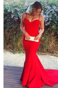 Mermaid Spaghetti Straps Sleeveless Prom Party Dress With Train Sweep Train Ruching Red Elastic Woven Satin