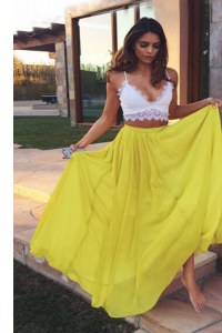 Inexpensive Yellow Sleeveless Chiffon Zipper Prom Dress for Prom and Party