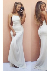 Decent White Ball Gowns Ruching Evening Dress Lace Up Chiffon Sleeveless With Train