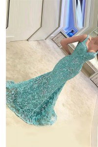 Nice Turquoise Mermaid Straps Sleeveless Tulle With Train Sweep Train Zipper Appliques Homecoming Dress