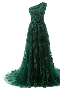 Dark Green A-line One Shoulder Sleeveless Tulle Sweep Train Zipper Beading and Appliques Prom Gown