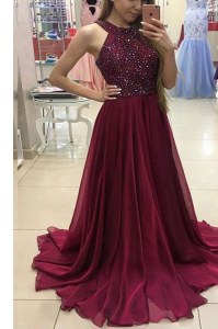 Halter Top Chiffon Sleeveless Prom Evening Gown Sweep Train and Beading