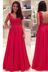 Red A-line Lace Prom Dress Backless Chiffon Sleeveless Floor Length