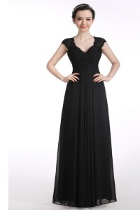 Black A-line V-neck Cap Sleeves Chiffon Floor Length Zipper Lace Homecoming Dresses