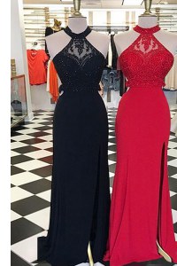 Best Scoop With Train Black Prom Party Dress Elastic Woven Satin Sweep Train Sleeveless Beading and Lace