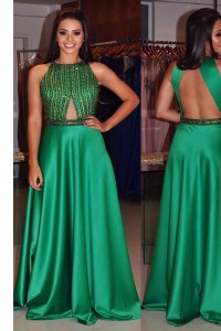 Fashionable Green Satin Backless Scoop Sleeveless Floor Length Celebrity Dress Beading