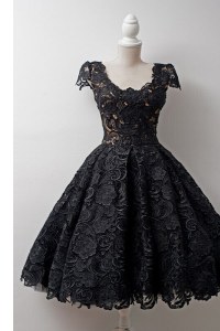 Simple Scoop Black Cap Sleeves Lace Zipper Prom Evening Gown for Prom and Party