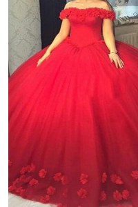 Fantastic Off The Shoulder Short Sleeves Homecoming Dress Hand Made Flower Red Tulle