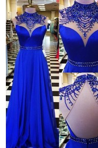 Chiffon High-neck Sleeveless Sweep Train Backless Beading Prom Party Dress in Royal Blue