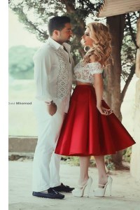Best Off the Shoulder Lace Prom Gown Red Zipper Short Sleeves Tea Length