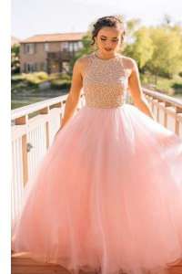 High End Scoop Tulle Sleeveless Floor Length Dress for Prom and Beading