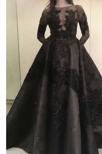 Discount Beading and Appliques Prom Party Dress Black Zipper Long Sleeves Floor Length