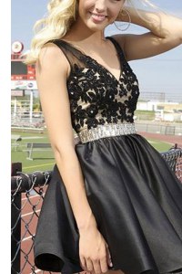 Black V-neck Zipper Beading and Appliques Prom Dresses Sleeveless