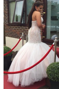 Lovely Mermaid Halter Top Sleeveless Tulle Floor Length Backless Prom Homecoming Dress in White with Beading and Ruching