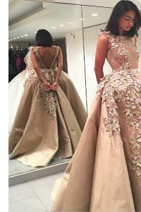 Beautiful Champagne Satin Backless Bateau Sleeveless Floor Length Prom Gown Lace and Appliques