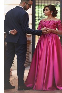 Sweep Train A-line Prom Evening Gown Fuchsia Off The Shoulder Satin Long Sleeves Zipper