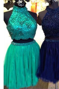 Sleeveless Tulle Knee Length Zipper Prom Dresses in Turquoise with Beading