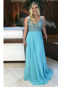 Sweep Train A-line Prom Party Dress Baby Blue V-neck Chiffon Sleeveless With Train Backless