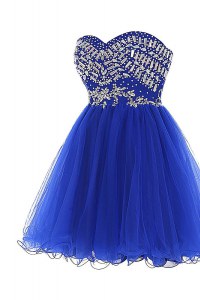 Custom Made Royal Blue A-line Sweetheart Sleeveless Tulle Mini Length Zipper Beading Prom Evening Gown
