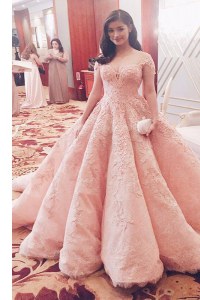 Pink A-line Sweetheart Short Sleeves Tulle With Train Sweep Train Zipper Lace Prom Dresses