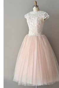 Flare Pink Bateau Zipper Lace Prom Party Dress Cap Sleeves