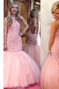 Scoop Floor Length Mermaid Sleeveless Pink Prom Dresses Backless