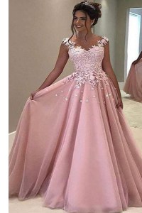 Sophisticated Pink A-line Appliques Prom Evening Gown Zipper Tulle Sleeveless With Train