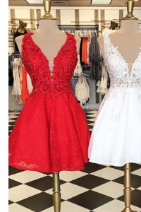 Lace Knee Length A-line Sleeveless Red Prom Gown Zipper