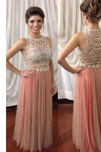 Traditional Scoop Sleeveless Prom Evening Gown Floor Length Beading Pink Tulle