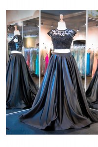Taffeta Scoop Sleeveless Brush Train Clasp Handle Lace and Ruching Prom Gown in Black