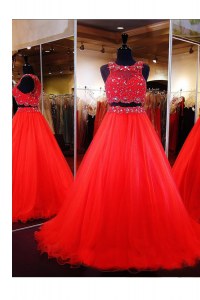 Glittering Scoop Coral Red A-line Beading Zipper Organza Sleeveless Floor Length