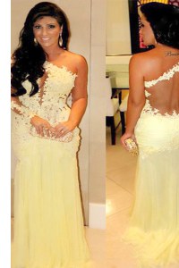 Perfect Floor Length Light Yellow Dress for Prom One Shoulder Long Sleeves Side Zipper
