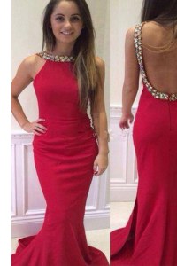 Admirable Mermaid Scoop Elastic Woven Satin Sleeveless With Train Dress for Prom Brush Train and Beading