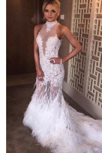 Noble White Backless Prom Evening Gown Lace Sleeveless Court Train