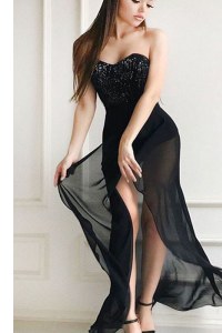 Black Sleeveless Floor Length Sequins Lace Up