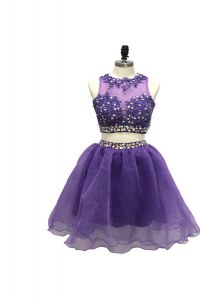 Dramatic Scoop Sleeveless Tulle Knee Length Side Zipper Cocktail Dress in Lavender with Beading and Appliques
