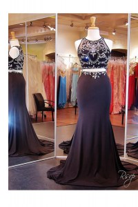 Scoop Sleeveless With Train Beading and Appliques Zipper Prom Dress with Black Brush Train