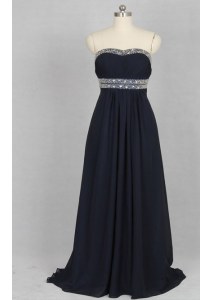 Beauteous Black Column/Sheath Beading Prom Dress Criss Cross Elastic Woven Satin Sleeveless With Train