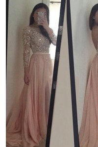 Gorgeous Scoop 3 4 Length Sleeve Brush Train Beading and Ruching Backless Prom Evening Gown