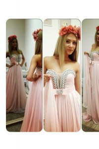Trendy Strapless Sleeveless Evening Dress Floor Length Beading Pink Chiffon
