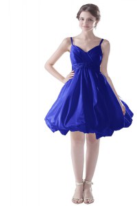 Sleeveless Satin Knee Length Zipper Dress for Prom in Royal Blue with Beading