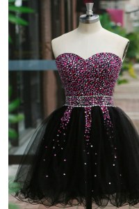 Black A-line Beading Prom Dress Lace Up Organza Sleeveless Knee Length
