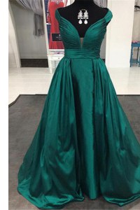 Off the Shoulder Zipper Prom Dresses Teal for Prom with Pleated Sweep Train
