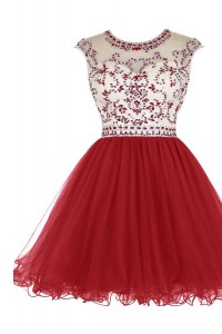 Ideal Scoop Cap Sleeves Tulle Mini Length Zipper Dress for Prom in Wine Red with Beading