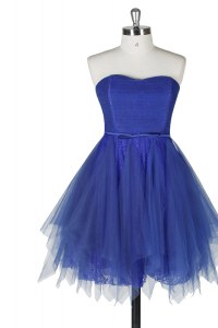 Sleeveless Tulle and Lace Knee Length Zipper Cocktail Dresses in Royal Blue with Belt