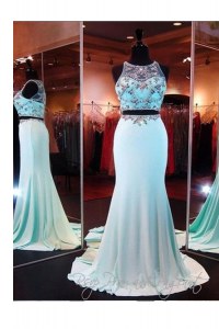 Scoop Sleeveless Evening Dress With Brush Train Beading and Appliques Baby Blue Elastic Woven Satin