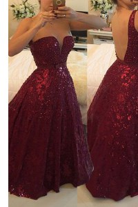Dramatic Burgundy A-line V-neck Sleeveless Lace Floor Length Backless Beading Prom Gown